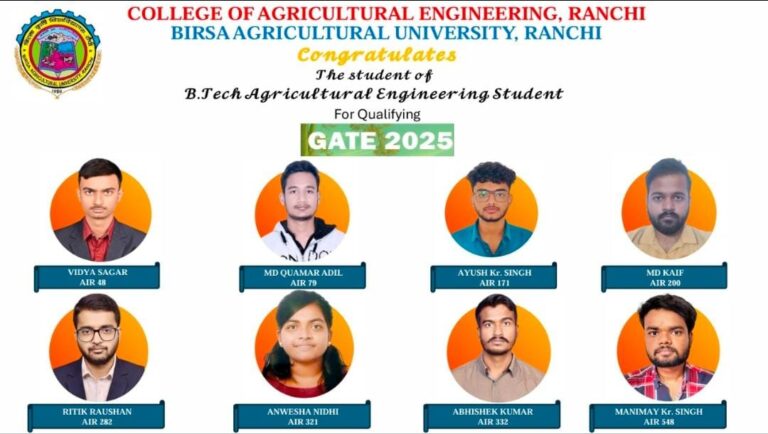 बिरसा कृषि विश्वविद्यालय के 9 छात्र-छात्राओं ने GATE परीक्षा में हासिल की सफलता