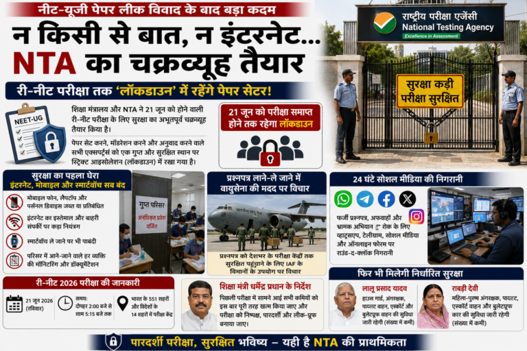 किसी से बातचीत नहीं, इंटरनेट भी बंद… री-नीट परीक्षा तक ‘लॉकडाउन’ में रहेंगे पेपर सेटर किसी से बातचीत नहीं, इंटरनेट भी बंद... री-नीट परीक्षा तक ‘लॉकडाउन’ में रहेंगे पेपर सेटर