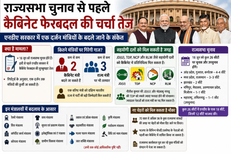 राज्यसभा चुनाव से पहले कैबिनेट फेरबदल की चर्चा तेज, एनडीए सरकार में बड़े बदलाव के संकेत राज्यसभा चुनाव से पहले कैबिनेट फेरबदल की चर्चा तेज, एनडीए सरकार में बड़े बदलाव के संकेत