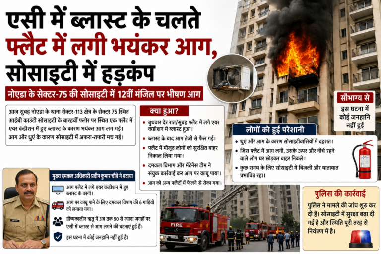 एसी में ब्लास्ट से 12वीं मंजिल के फ्लैट में लगी भीषण आग, सोसाइटी में मचा हड़कंप