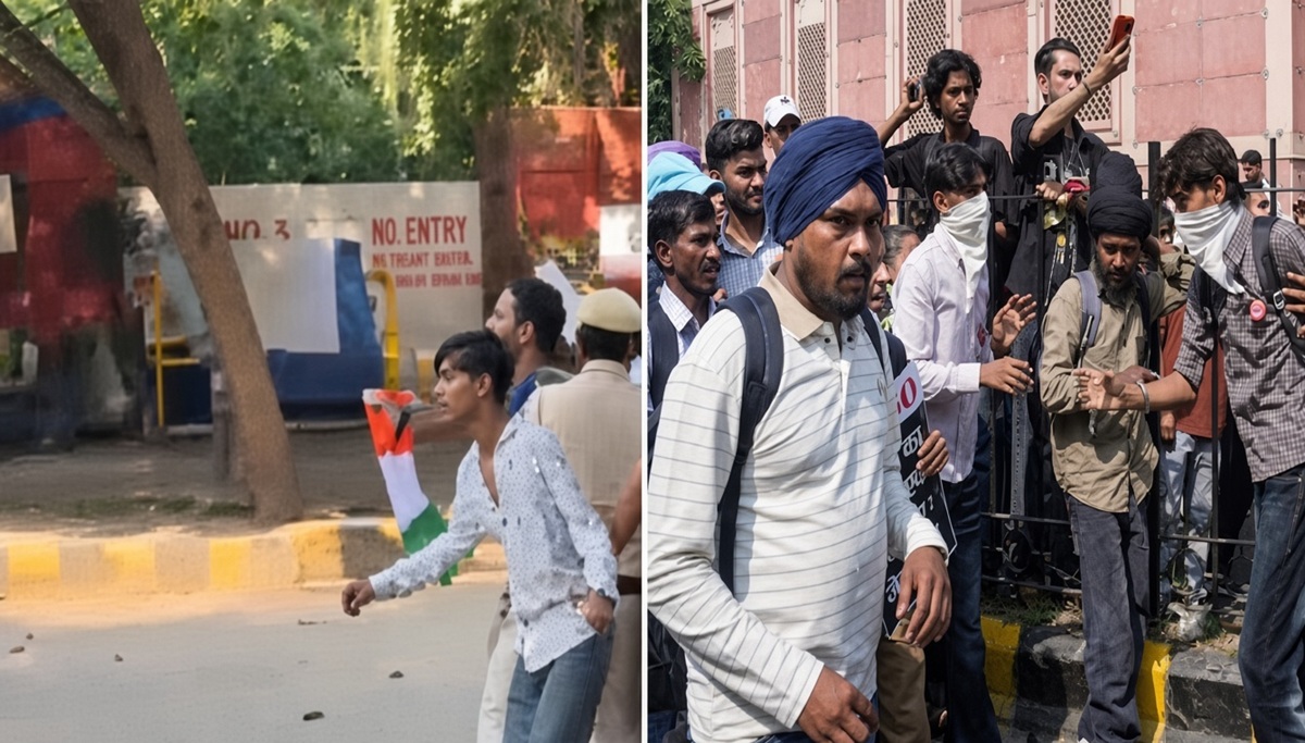 तिरंगा लेकर पहुंचे प्रदर्शनकारी, पुलिस ने हिरासत में लिया